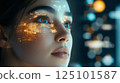 Woman's Face with Digital Codes and Holographic Background 125101587