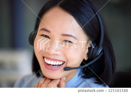 Vietnamese woman, face or call center worker on customer support, b2b consulting or telemarketing office headset. Happy smile portrait, receptionist or contact us crm business in sales communication 125101588