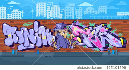 Abstract Urban Graffiti Brick Wall With Street Art Drawings Against The Background Of The Cityscape Abstract Urban Graffiti Brick Wall With Street Art Drawings Against The Background Of The Cityscape 125101596