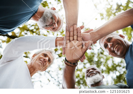 Support, team building and men hands stacked in nature for travel, hiking and adventure during retirement. Community, teamwork and senior friends on a mission during an elderly holiday in Puerto Rico 125101625