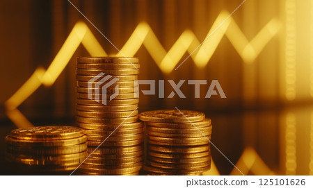 Golden Coins on Glass Table with Rising Arrow Reflection Golden Coins on Glass Table with Rising Arrow Reflection 125101626