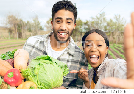 Vegetables, agriculture and farmer couple on farm, sustainable farming portrait and organic harvest with fresh food and nature. Diversity, happy and sustainability with nutrition healthy diet. Vegetables, agriculture and farmer couple on farm, sustainable farming portrait and organic harvest with fresh food and nature. Diversity, happy and sustainability with nutrition healthy diet. 125101661