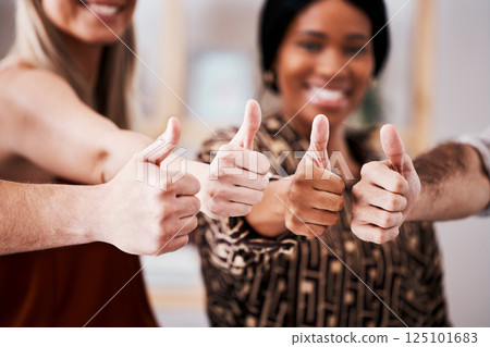 Thumbs up, group hands and business people with support, like and teamwork for project, company and startup success or achievement. Thumb up hand sign, together and team building of diversity staff 125101683
