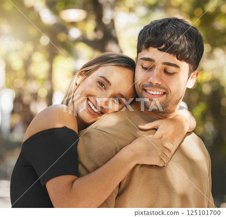 Love, couple and hug being happy, smile and romantic for relationship, bonding and outdoor together. Romance, man and woman embrace, being loving and connect for happiness, passion and content. Love, couple and hug being happy, smile and romantic for relationship, bonding and outdoor together. Romance, man and woman embrace, being loving and connect for happiness, passion and content. 125101700