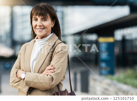Senior portrait of confident business woman with smile, crossed arms and happy with career growth, job or success. Pride, women empowerment and experienced worker satisfied with building development Senior portrait of confident business woman with smile, crossed arms and happy with career growth, job or success. Pride, women empowerment and experienced worker satisfied with building development 125101710