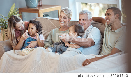 Family, children and watching tv grandparents, parents and kids together on a sofa in the living room of their home. Movie, television and film with a man, woman and grandkids bonding over a video Family, children and watching tv grandparents, parents and kids together on a sofa in the living room of their home. Movie, television and film with a man, woman and grandkids bonding over a video 125101740