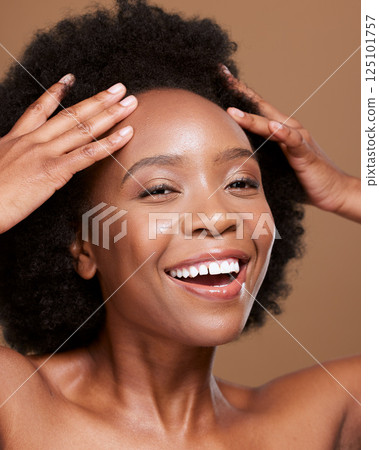 Natural hair care, black woman and beauty portrait in studio for cosmetics, healthy glow and skincare headshot. Happy afro afican model face with hair growth, skin care facial shine and dermatology 125101757