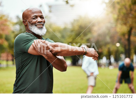 Portrait, stretching and active seniors at a park for training, exercise and cardio wellness. Fitness, arm stretch and friends with senior men relax before workout, happy and together for activity Portrait, stretching and active seniors at a park for training, exercise and cardio wellness. Fitness, arm stretch and friends with senior men relax before workout, happy and together for activity 125101772