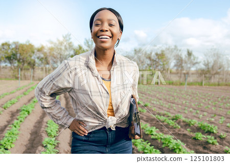 Inspection, farming and black woman doing check on agriculture, food and plants on a farm. Sustainability, ecology and portrait of a happy, young and nature farmer working with notes in countryside 125101803