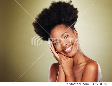 Beauty skincare and smile with portrait of black woman with mockup in studio for cosmetics, makeup and spa. Wellness, luxury and product with face of girl model for self care, dermatology and health Beauty skincare and smile with portrait of black woman with mockup in studio for cosmetics, makeup and spa. Wellness, luxury and product with face of girl model for self care, dermatology and health 125101810