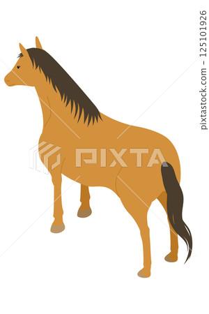 一匹站立的栗色馬的簡單等距插圖（從後面斜視） 125101926