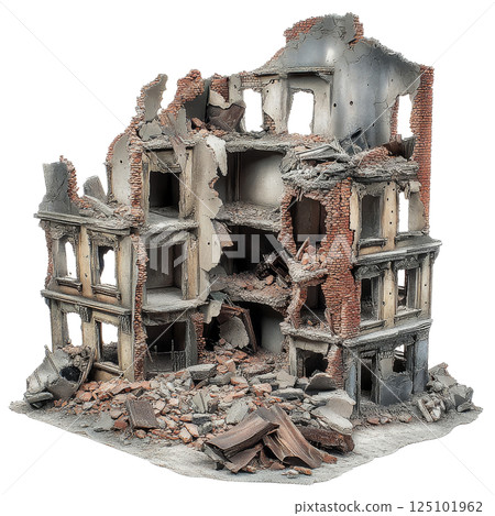 detailed model of ruined building with exposed walls and debris, showcasing destruction and decay. scene evokes sense of abandonment and loss detailed model of ruined building with exposed walls and debris, showcasing destruction and decay. scene evokes sense of abandonment and loss 125101962