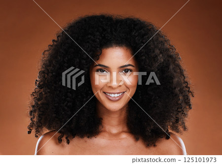 Hair care, natural and beauty black woman studio portrait for healthy hair growth in cosmetics, makeup and skincare wellness promotion. Young, african model smile for skin care, self love and salon 125101973