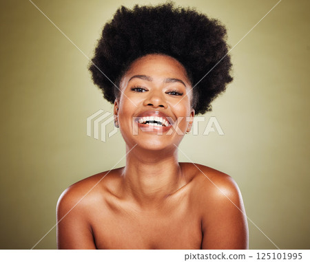 Black woman, afro hair or face skincare glow on green studio background dermatology, cosmetology or self love wellness. Portrait, smile or happy beauty model and natural hairstyle or makeup cosmetics Black woman, afro hair or face skincare glow on green studio background dermatology, cosmetology or self love wellness. Portrait, smile or happy beauty model and natural hairstyle or makeup cosmetics 125101995