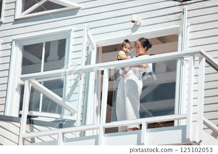 Balcony, holiday and family or mother with baby for summer, wealth and real estate happiness, investment or house outdoor. Happy, care and mom with child together for vacation home, villa or property Balcony, holiday and family or mother with baby for summer, wealth and real estate happiness, investment or house outdoor. Happy, care and mom with child together for vacation home, villa or property 125102053