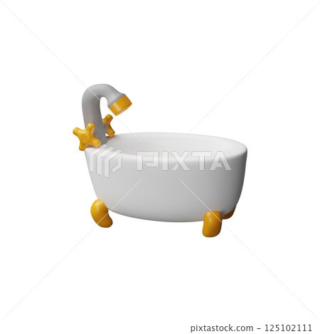 Vector 3D illustration of white bathtub icon with golden legs and faucet. 125102111