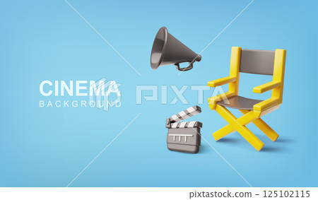 3D vector banner with folding yellow chair, clapperboard, and director's loudspeaker. 3D vector banner with folding yellow chair, clapperboard, and director's loudspeaker. 125102115