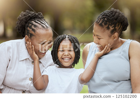 Mother, grandmother and child in garden, happy family sitting on grass, generations at picnic in park. Black family, women and small girl in nature together with love and support from mom and grandma 125102200