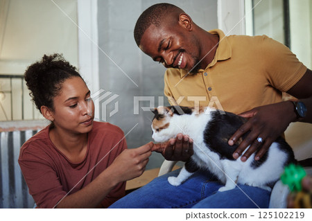 Happy black couple, love and cat in home, playing or bonding. Support, care or interracial couple, man and woman with pet, kitty or kitten loving, caring or enjoying quality time with animal in house 125102219