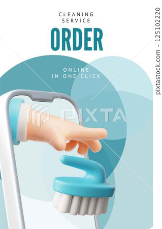 Online cleaning service, order in one click, advertising 3D vector poster, stretches hand with brush from smartphone 125102220