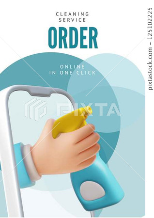 3D Hand with a sprayer comes out of the smartphone screen. Online order of cleaning services. 125102225