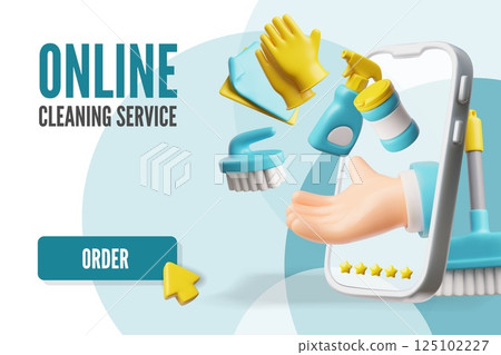 Online cleaning service, five stars rating, advertising vector 3D banner, hand from smartphone with cleaning equipment 125102227