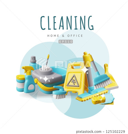 3D home and office cleaning service, realistic collection of cleaning tools and housekeeping equipment vector poster 125102229
