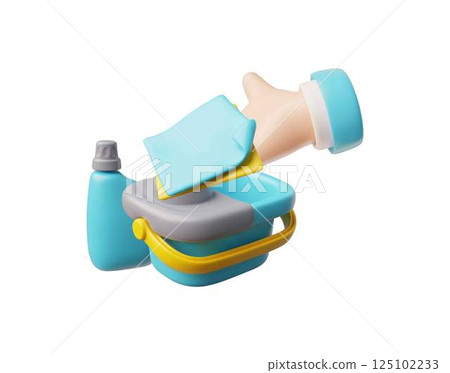 3d Vector illustration of hand holding rag with bucket and bottle of detergent. 125102233