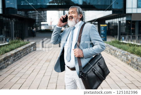 Business man, phone call and outdoor in the city with 5g network, communication and service while talking to an investor contact or client. China entrepreneur on smartphone for urban networking 125102396