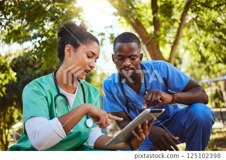 Nurse, teamwork and doctors with a tablet in nature for medical research on natural healing medicine. Collaboration, development and healthcare employees talking and coworking on a digital report 125102398