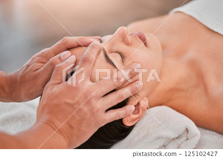 Woman, hands or head massage in spa headache relief, stress management or self love healthcare wellness. Man, massage therapist and masseur with relax client in zen, calm or peace luxury hotel salon 125102427