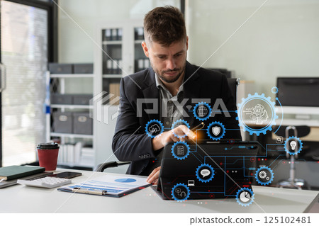Digital transformation technology strategy, Person using laptop, tablet and smartphone with of things. transformation of ideas and the adoption. Digital transformation technology strategy, Person using laptop, tablet and smartphone with of things. transformation of ideas and the adoption. 125102481