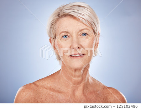 Portrait, cosmetics and senior woman with wellness, skincare and natural beauty for anti aging against studio background. Makeup, mature lady and elderly female with body care, health or detox facial 125102486