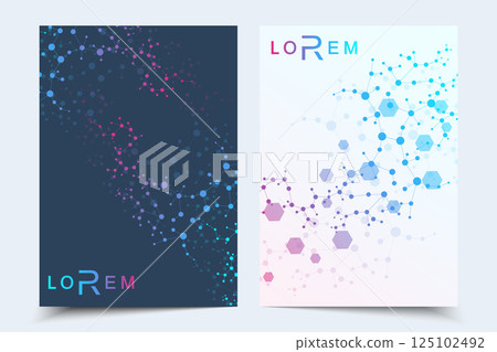 Scientific brochure design template. Vector flyer layout, Molecular structure with connected lines and dots. Scientific pattern atom DNA with elements for magazine, leaflet, cover, poster design 125102492