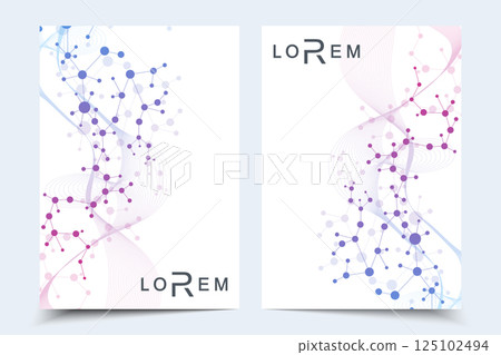 Scientific brochure design template. Vector flyer layout, Molecular structure with connected lines and dots. Scientific pattern atom DNA with elements for magazine, leaflet, cover, poster design 125102494