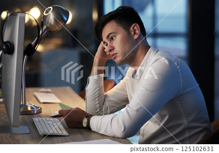 Businessman, stress or bored on computer in night office for cyber security website, digital marketing web design or programming code. Anxiety, tired or confused programmer with technology 404 glitch Businessman, stress or bored on computer in night office for cyber security website, digital marketing web design or programming code. Anxiety, tired or confused programmer with technology 404 glitch 125102631