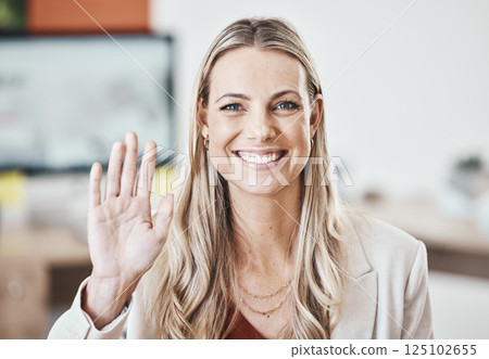 Business video call, portrait and woman hello in online meeting, virtual meeting or video conference communication. Corporate manager wave to screen for online networking, workshop or webinar talk 125102655