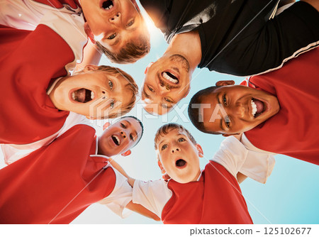 Soccer, team and coach in huddle, celebration and happy with smile, winner and boy group from bottom. Football kids, excited or children teamwork for fitness, training or workout after game or match Soccer, team and coach in huddle, celebration and happy with smile, winner and boy group from bottom. Football kids, excited or children teamwork for fitness, training or workout after game or match 125102677