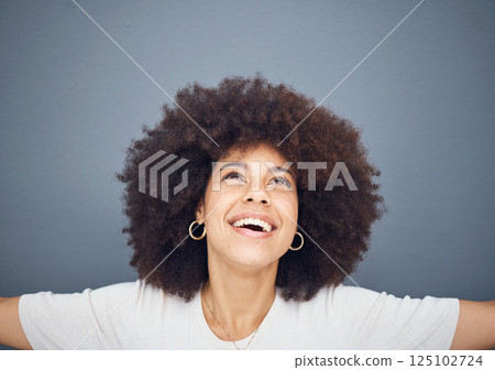 Happy, hope and worship of black woman prayer for wellness, gratitude and faith with joyful smile. Happiness, peace and spiritual lifestyle of religious girl praying with gray studio mockup. 125102724