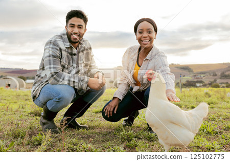 Farm, livestock and portrait of a couple with a chicken on an agriculture, sustainable and green field. Poultry, eco friendly and agro man and woman with a animal to monitor growth in the countryside 125102775