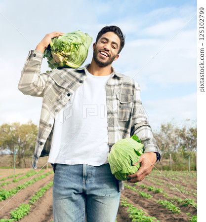 Agriculture worker, lettuce and farm, sustainability working and organic food, happy smile and outdoor nature. Man farmer, smile and pride with vegetable growth or harvest from sustainable farming 125102799