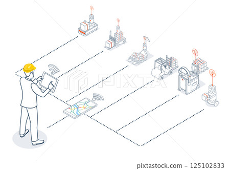 The warehouse worker manages Automated Guided Vehicles (AGVs) and Autonomous Mobile Robots (AMRs) within the warehouse facility using a tablet and wifi device. The warehouse worker manages Automated Guided Vehicles (AGVs) and Autonomous Mobile Robots (AMRs) within the warehouse facility using a tablet and wifi device. 125102833