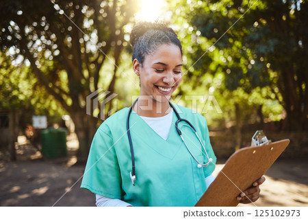 Woman, nurse and smile looking at clipboard in healthcare, medical or prescription in outdoor park. Happy female doctor or veterinary in nursing examination report, check or inspection for diagnosis Woman, nurse and smile looking at clipboard in healthcare, medical or prescription in outdoor park. Happy female doctor or veterinary in nursing examination report, check or inspection for diagnosis 125102973