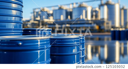Industry oil blue  barrels or chemical drums stacked up. Chemical tank. Container of barrels 125103032