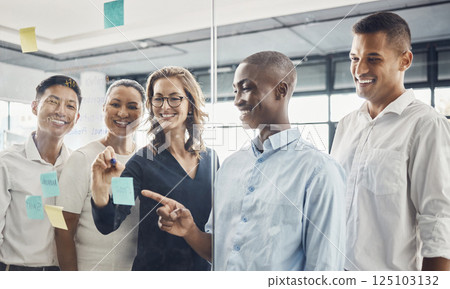 Glass board, sticky note and group at meeting for marketing, planning or strategy at startup office. Team, brainstorming and creative collaboration for research, innovation or teamwork with diversity 125103132