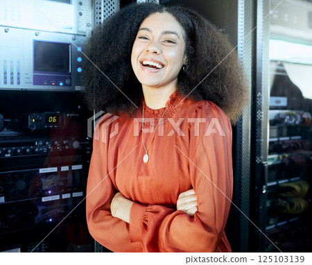 Black woman, happy and portrait of server engineer in workspace for maintenance, cybersecurity and database. Professional it employee at company data center for evaluation, check and test. Black woman, happy and portrait of server engineer in workspace for maintenance, cybersecurity and database. Professional it employee at company data center for evaluation, check and test. 125103139