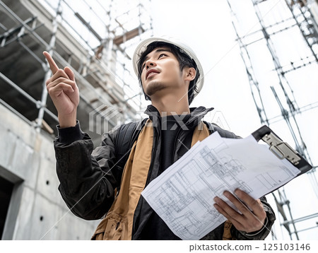 現場主管在施工現場檢查藍圖並給予指示 現場主管在施工現場檢查藍圖並給予指示 125103146