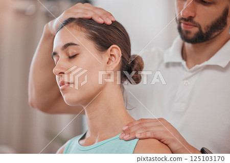 Woman, neck pain or physiotherapy stretching in sports clinic for pain relief, muscle stress management or healthcare wellness. Man, physiotherapist or worker with athlete patient in physical therapy Woman, neck pain or physiotherapy stretching in sports clinic for pain relief, muscle stress management or healthcare wellness. Man, physiotherapist or worker with athlete patient in physical therapy 125103170