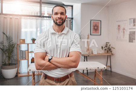 Physiotherapy, portrait and proud man with vision for wellness, goal and motivation in consultation room. Luxury, leader and spa owner excited about his career startup, focused on zen and relaxation 125103174