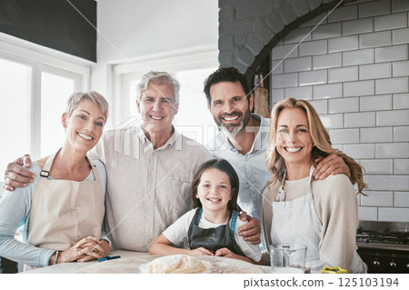 Cooking, help and portrait of big family in kitchen for happy, learning and food together. Support, smile and chef with parents teaching child baking skills with grandparents at home for cake dessert Cooking, help and portrait of big family in kitchen for happy, learning and food together. Support, smile and chef with parents teaching child baking skills with grandparents at home for cake dessert 125103194
